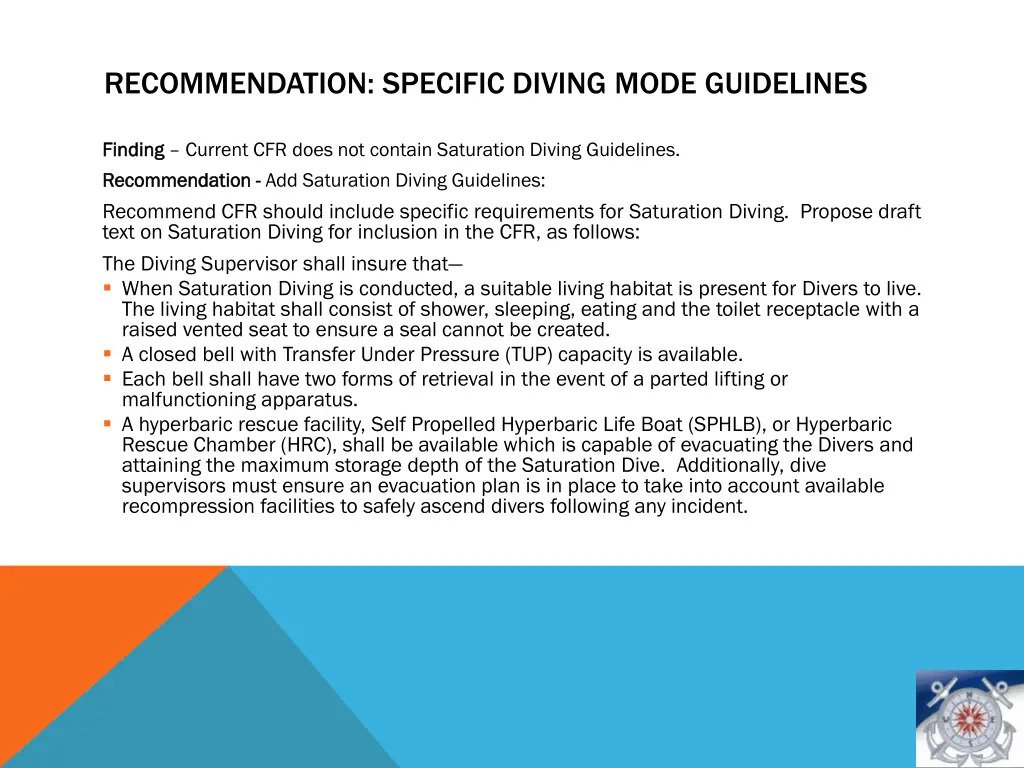 recommendation specific diving mode guidelines