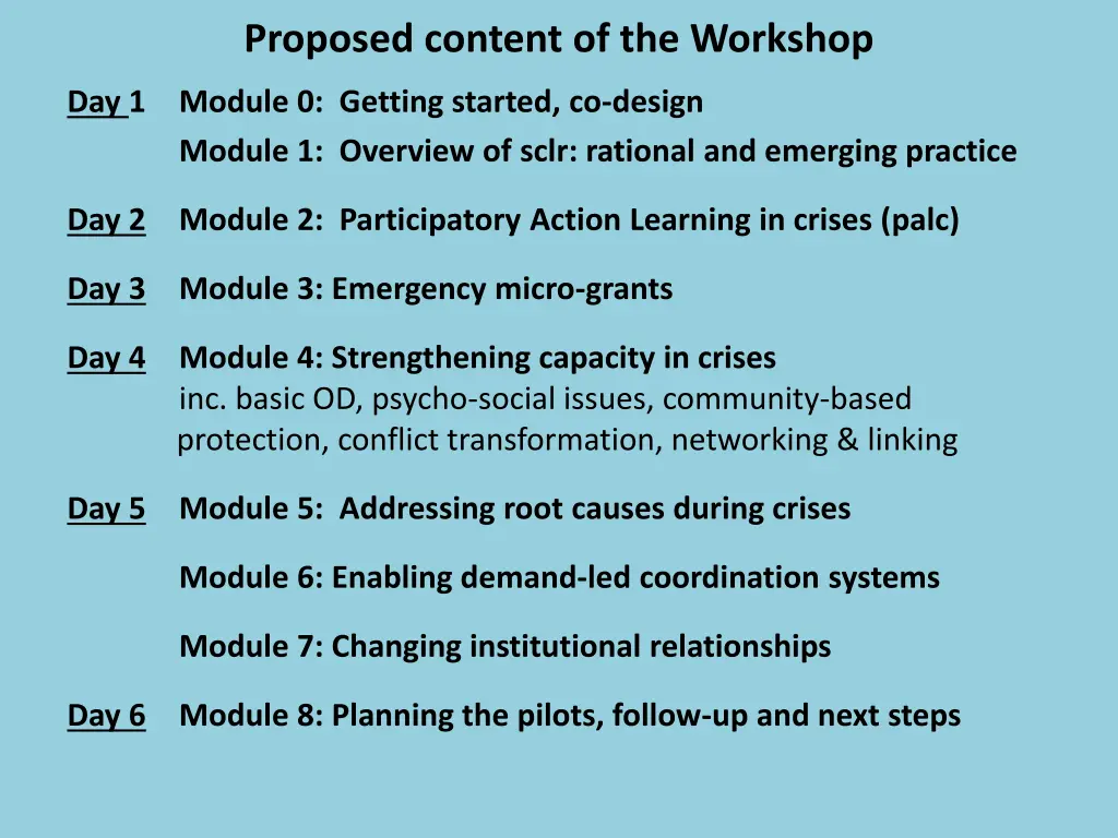 proposed content of the workshop