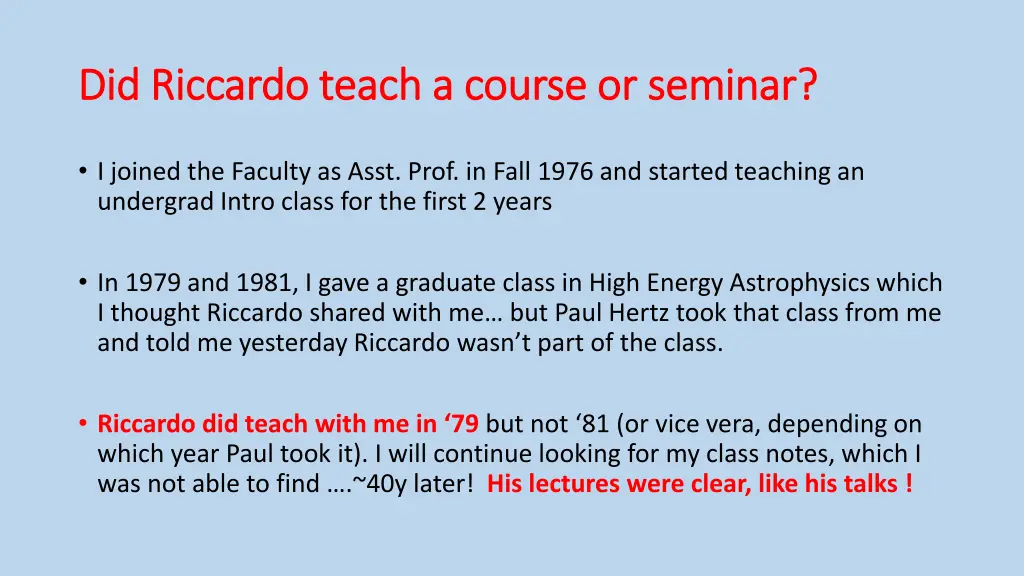 did riccardo teach a course or seminar