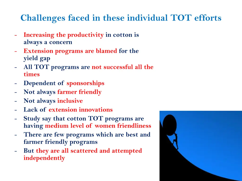 challenges faced in these individual tot efforts