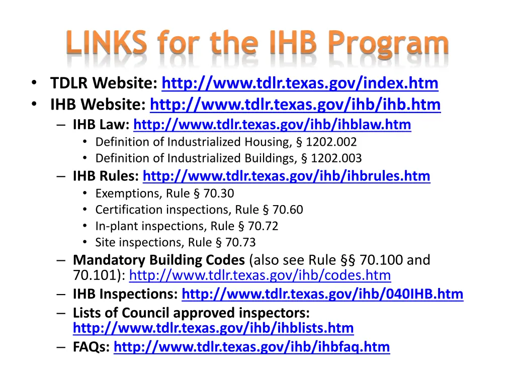 links for the ihb program