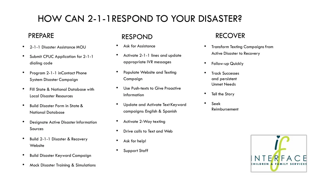 how can 2 1 1respond to your disaster