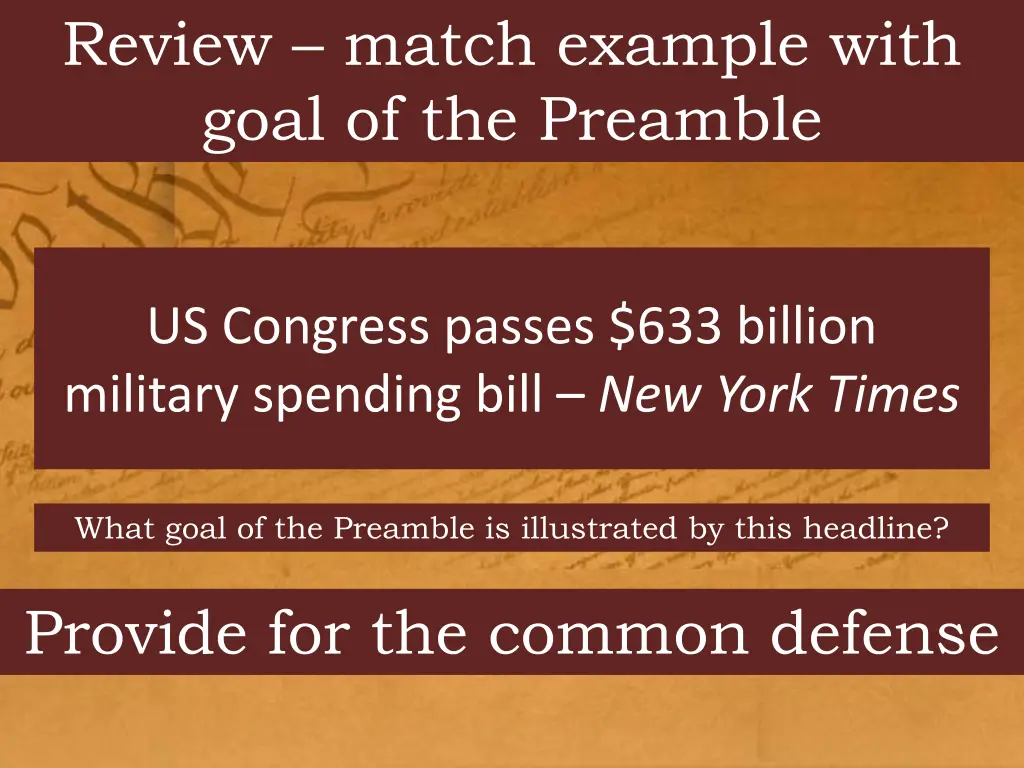 review match example with goal of the preamble