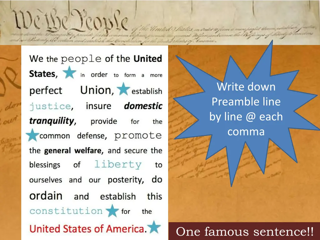 write down preamble line by line @ each comma