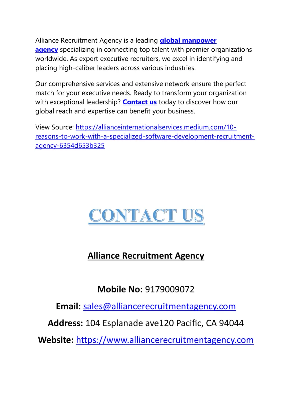 alliance recruitment agency is a leading global