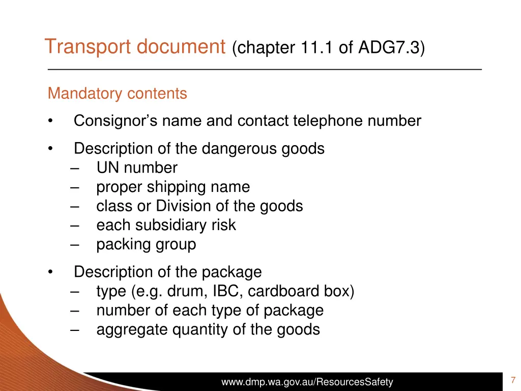 transport document chapter 11 1 of adg7 3