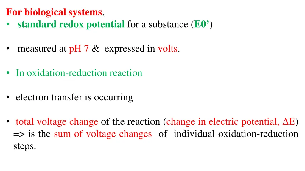 for biological systems standard redox potential