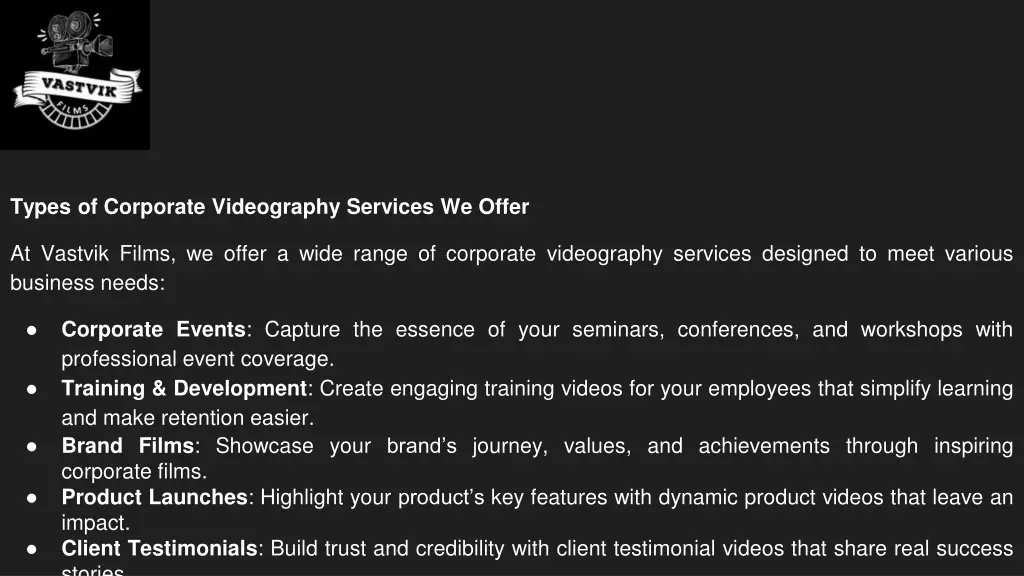 types of corporate videography services we offer