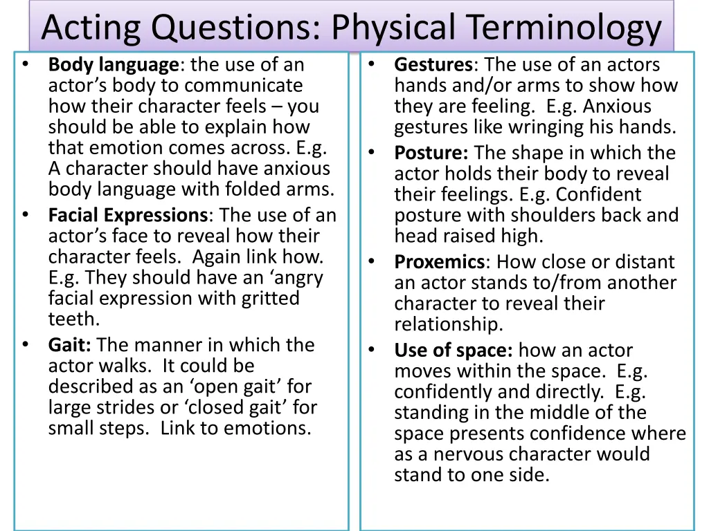 acting questions physical terminology body