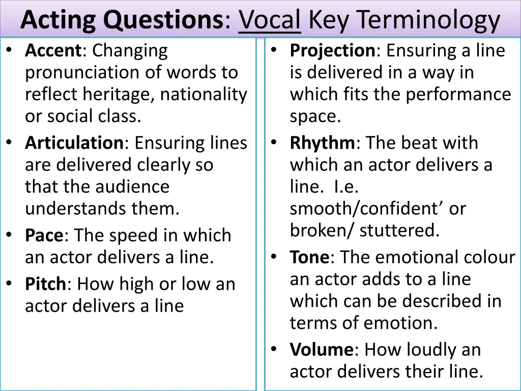 acting questions vocal key terminology accent