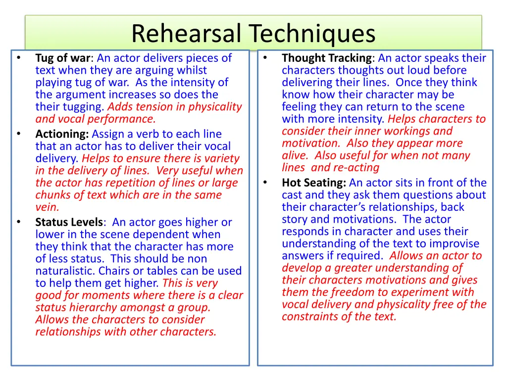 rehearsal techniques tug of war an actor delivers