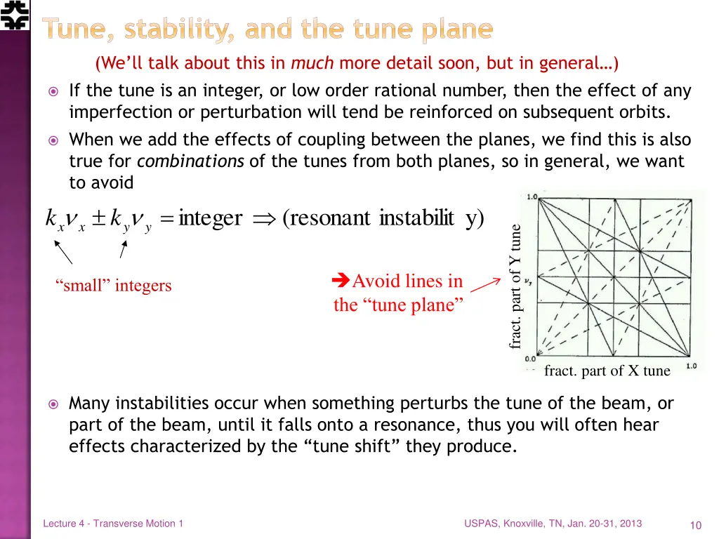 tune stability and the tune plane we ll talk