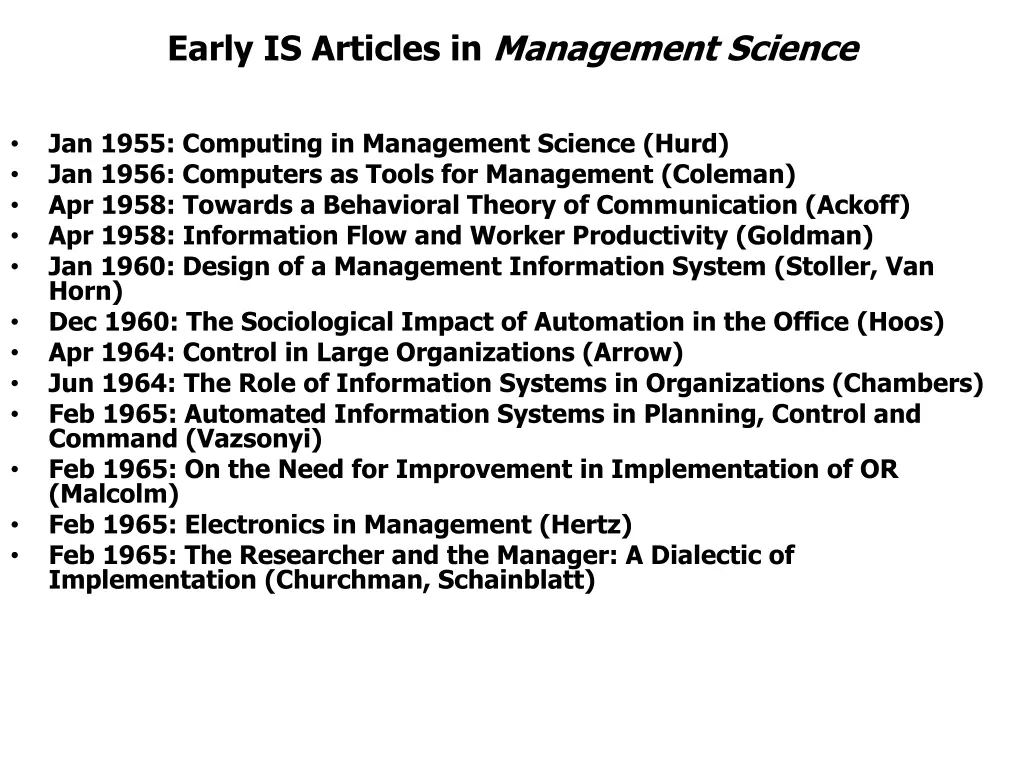 early is articles in management science