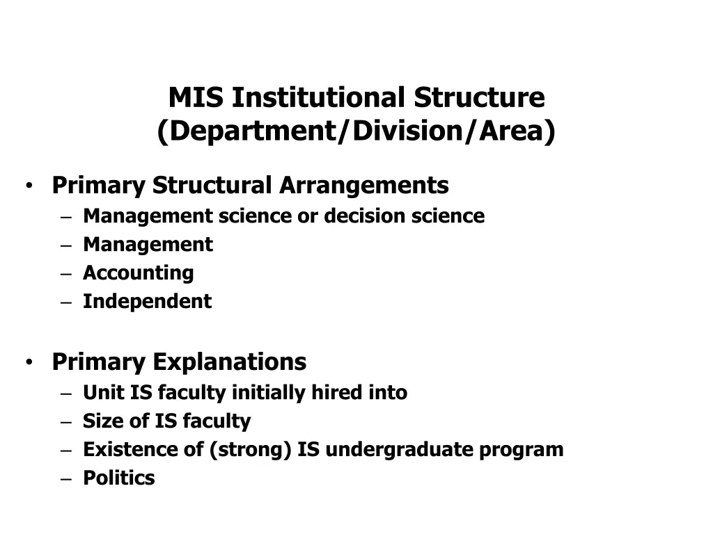 mis institutional structure department division