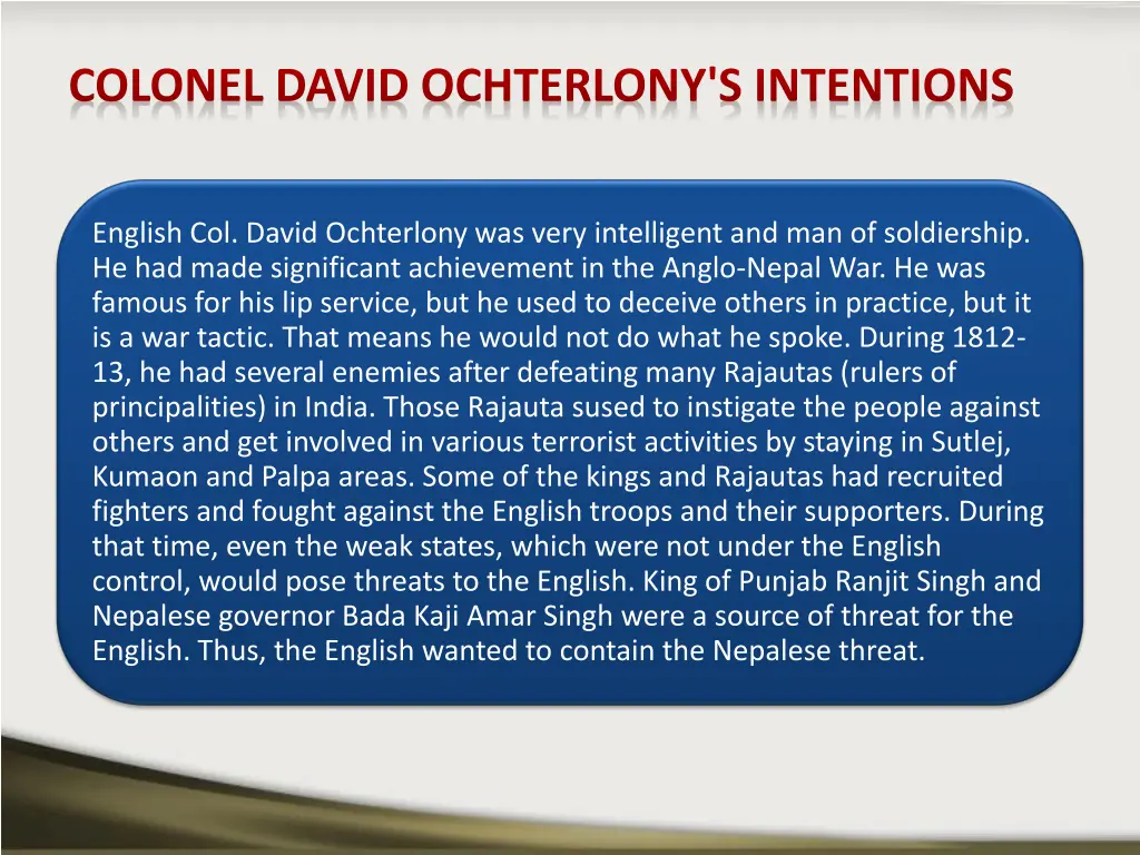 colonel david ochterlony s intentions