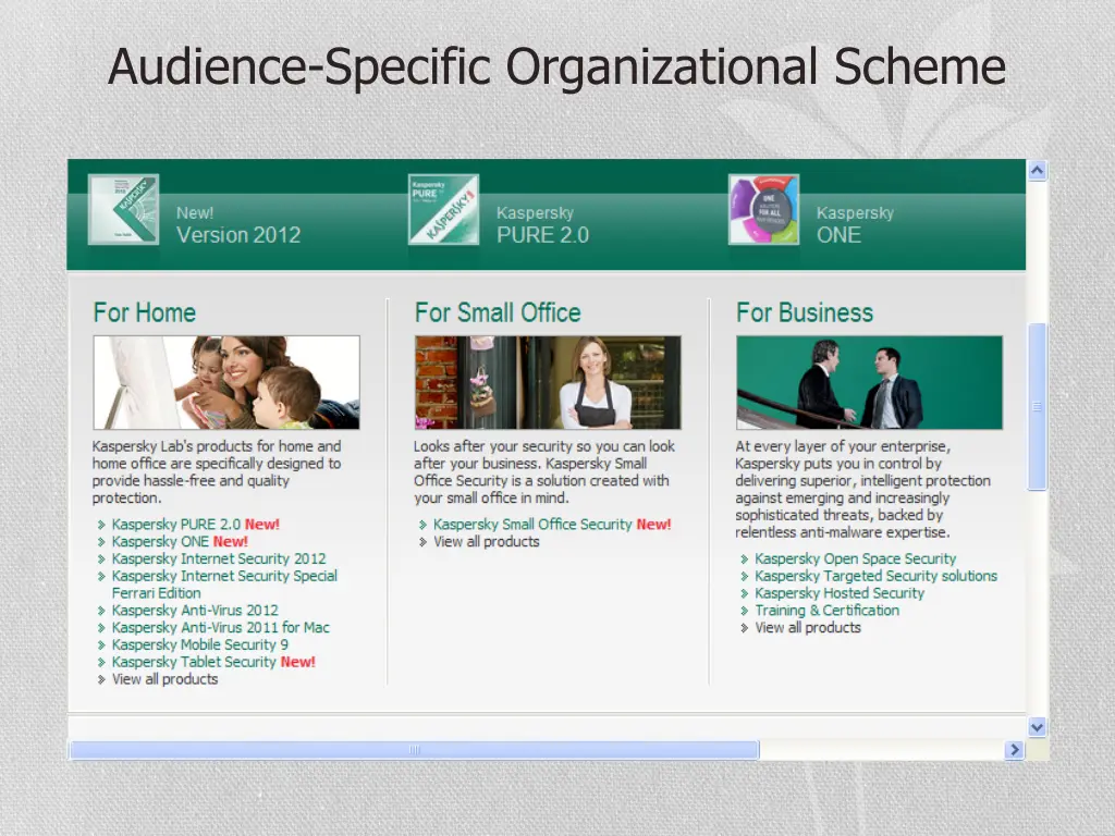 audience specific organizational scheme