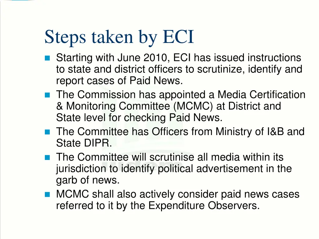 steps taken by eci starting with june 2010