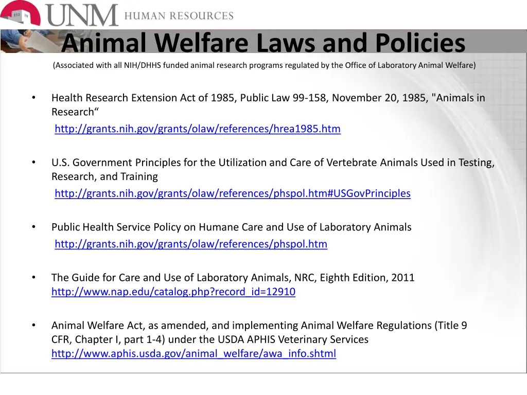 animal welfare laws and policies associated with