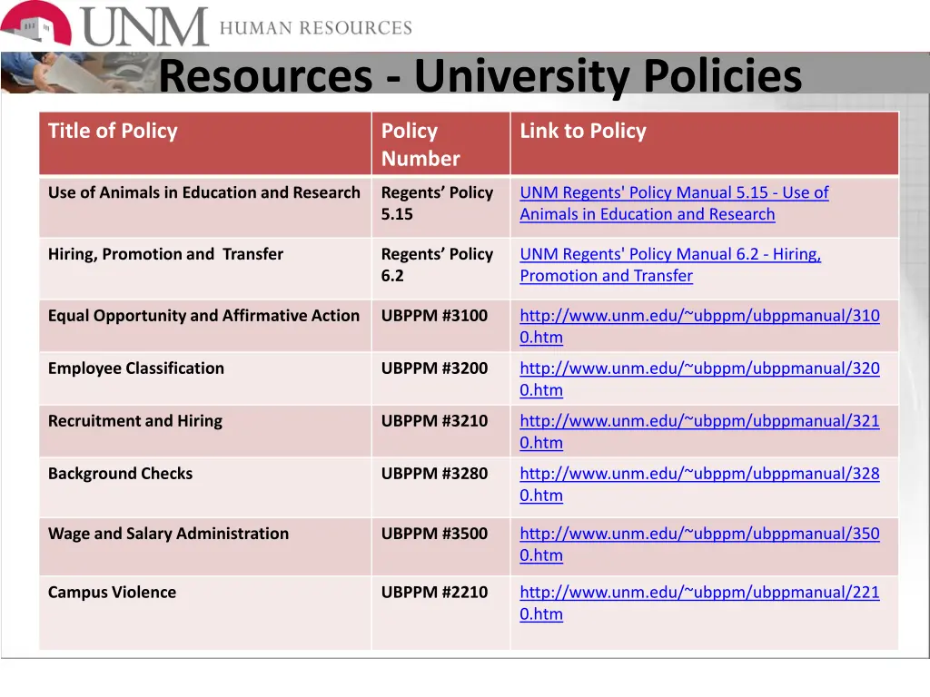 resources university policies