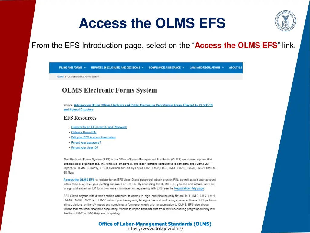 access the olms efs