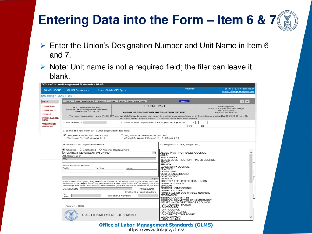 entering data into the form item 6 7