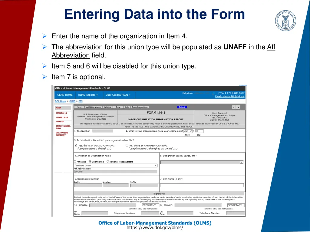 entering data into the form