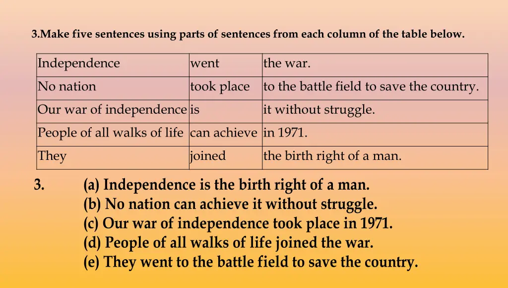 3 make five sentences using parts of sentences