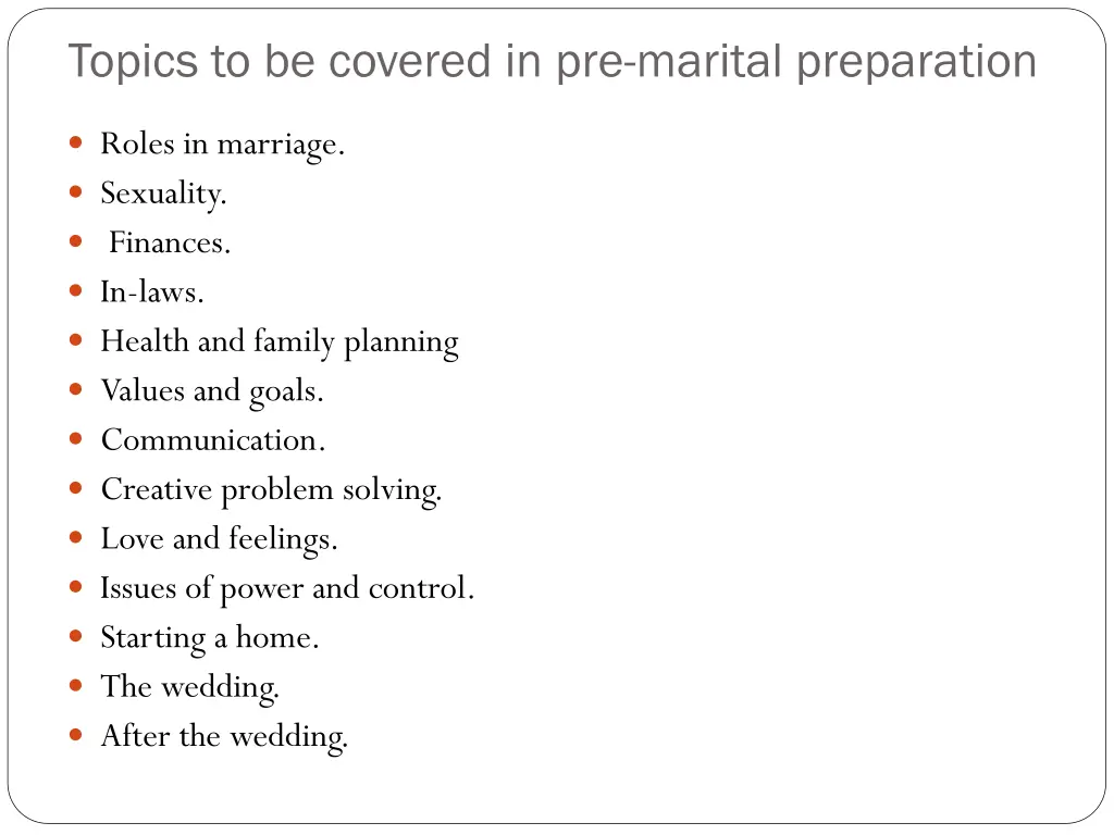 topics to be covered in pre marital preparation