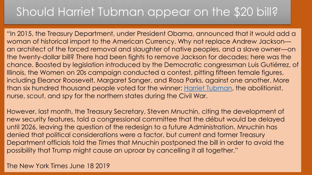 should harriet tubman appear on the 20 bill