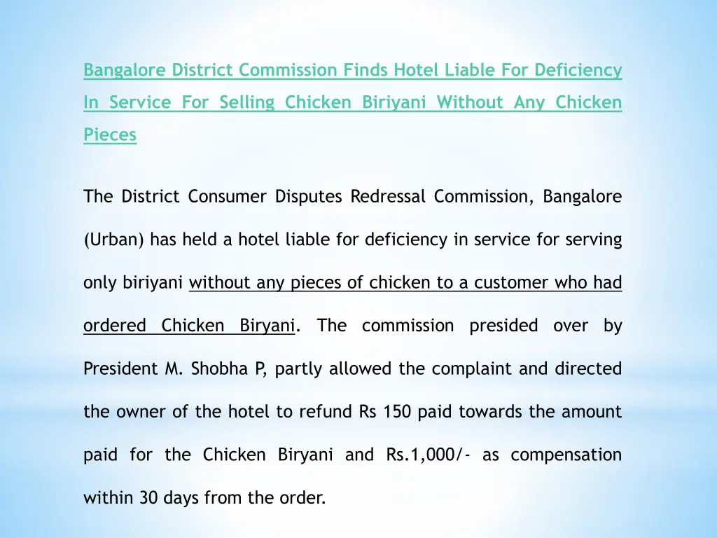 bangalore district commission finds hotel liable