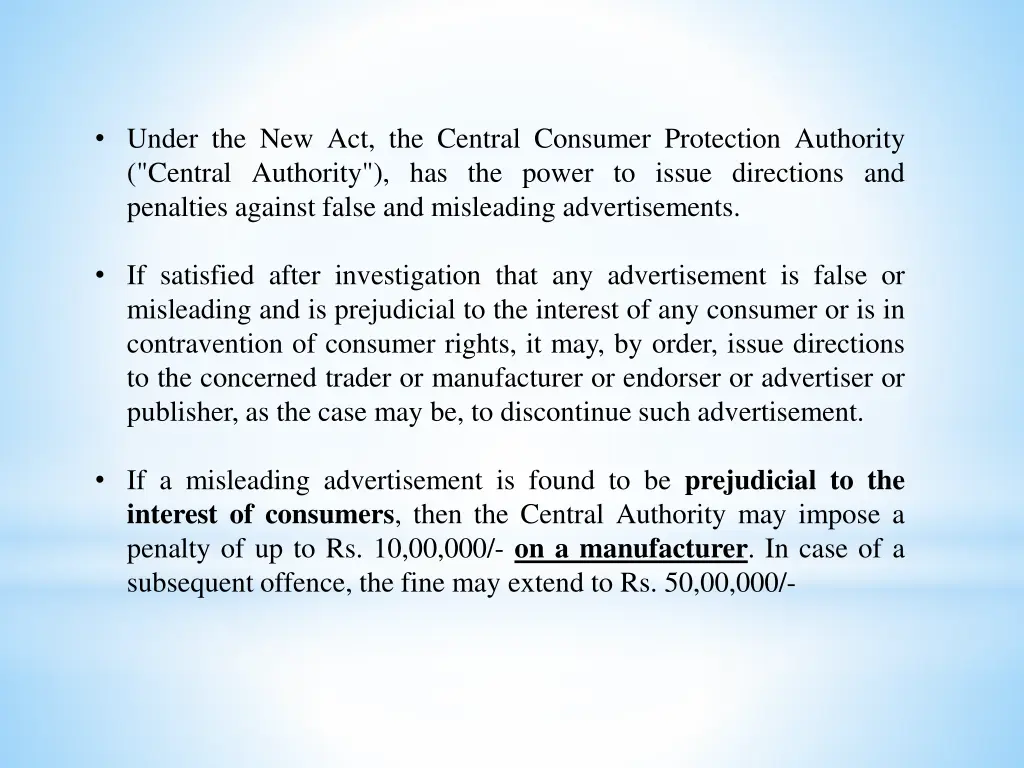 under the new act the central consumer protection