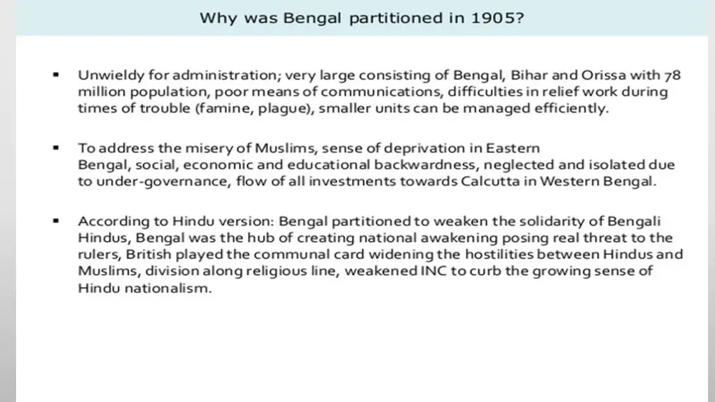 the partition of bengal 1905 reasons of partition