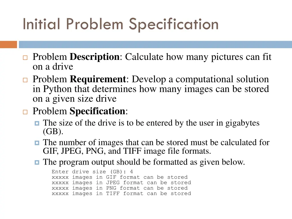 initial problem specification