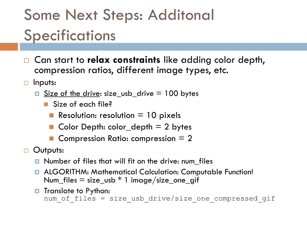 some next steps additonal specifications