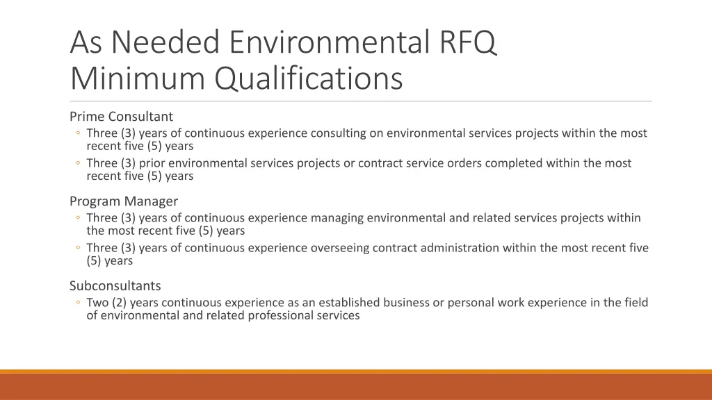 as needed environmental rfq minimum qualifications