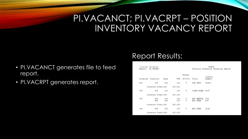 pi vacanct pi vacrpt position inventory vacancy