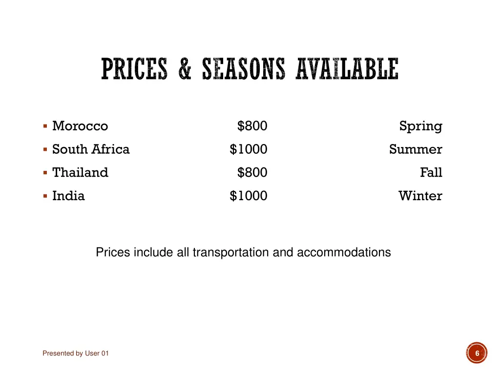 prices seasons available