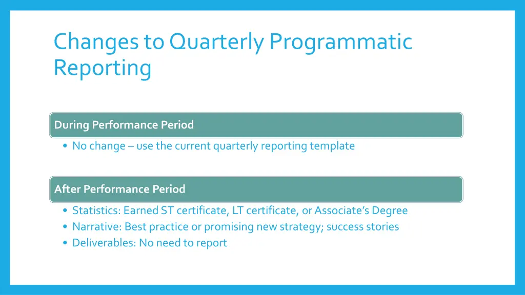 changes to quarterly programmatic reporting