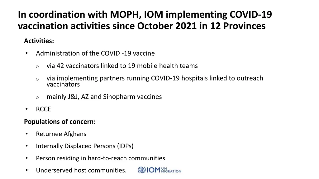 in coordination with moph iom implementing covid