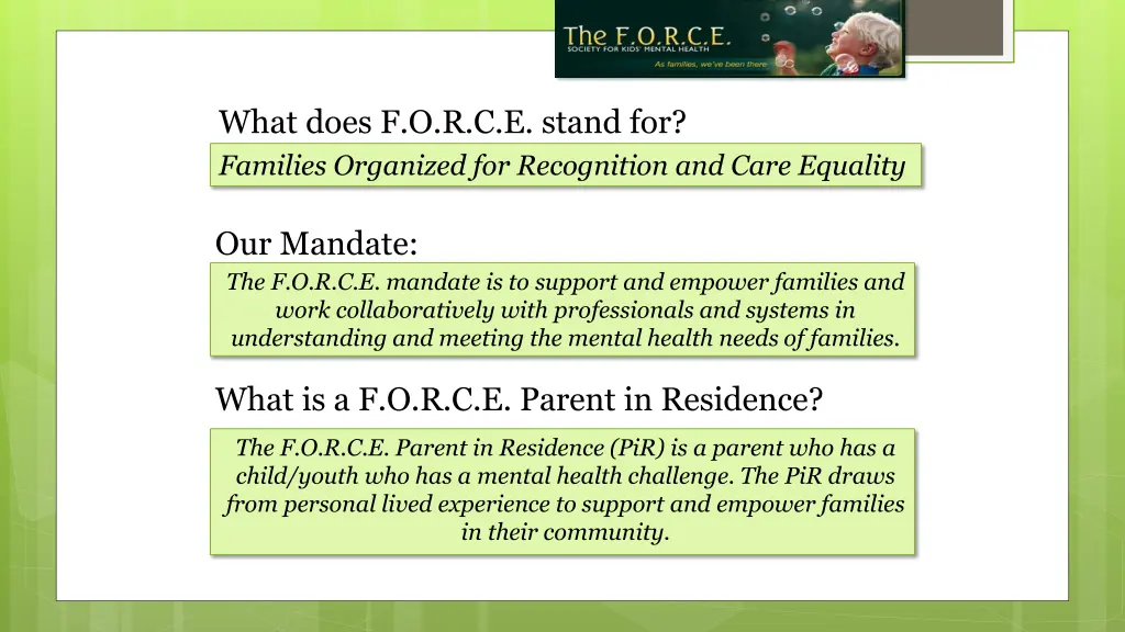 what does f o r c e stand for families organized