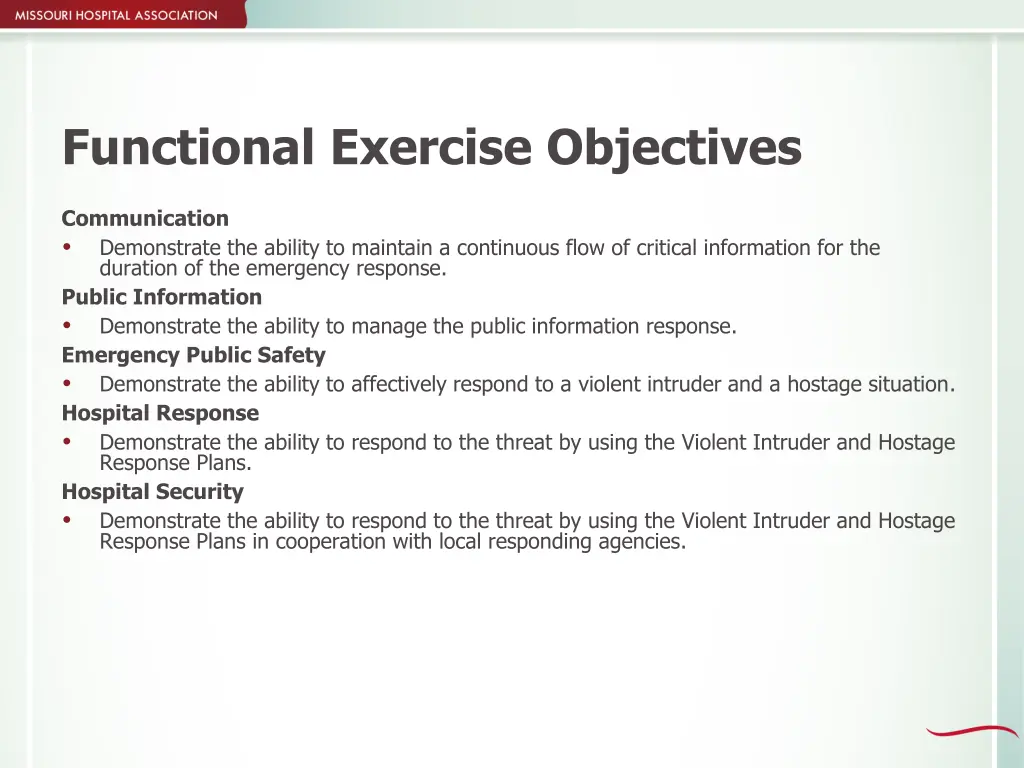 functional exercise objectives