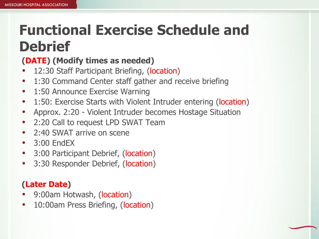 functional exercise schedule and debrief date