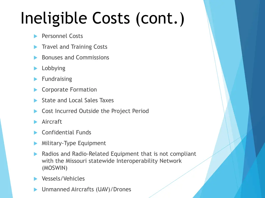 ineligible costs cont