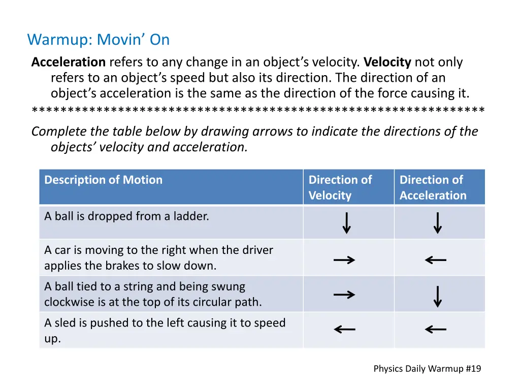 warmup movin on acceleration refers to any change