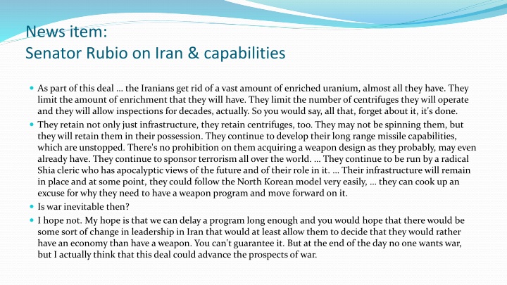 news item senator rubio on iran capabilities