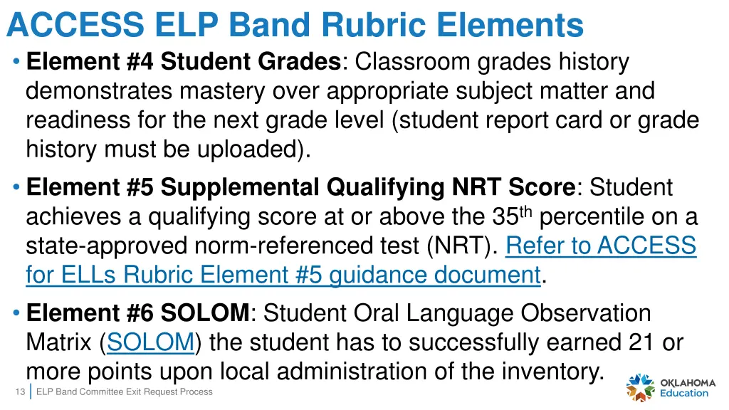 access elp band rubric elements