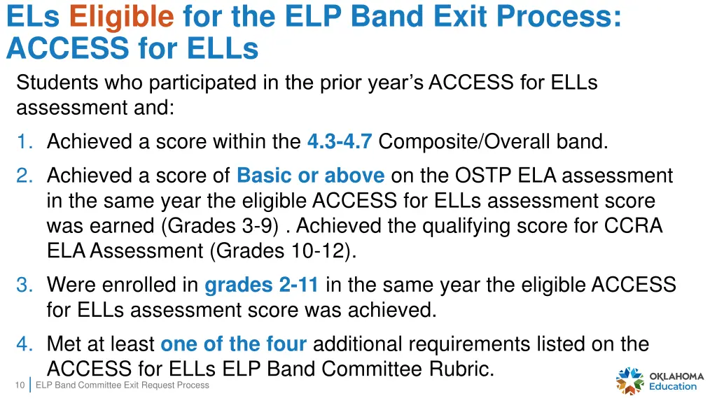 els eligible for the elp band exit process access