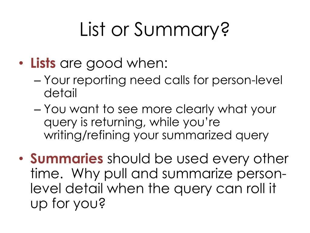 list or summary