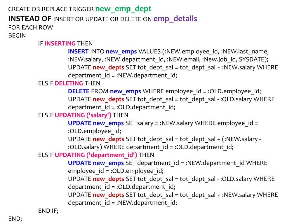 create or replace trigger new emp dept instead