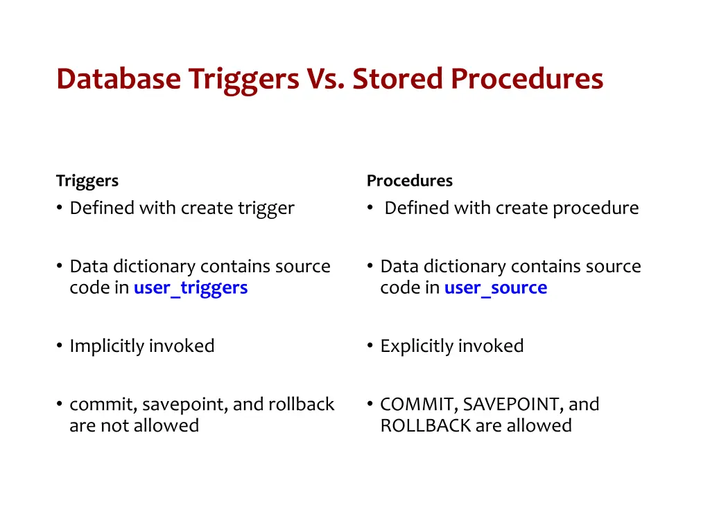 database triggers vs stored procedures